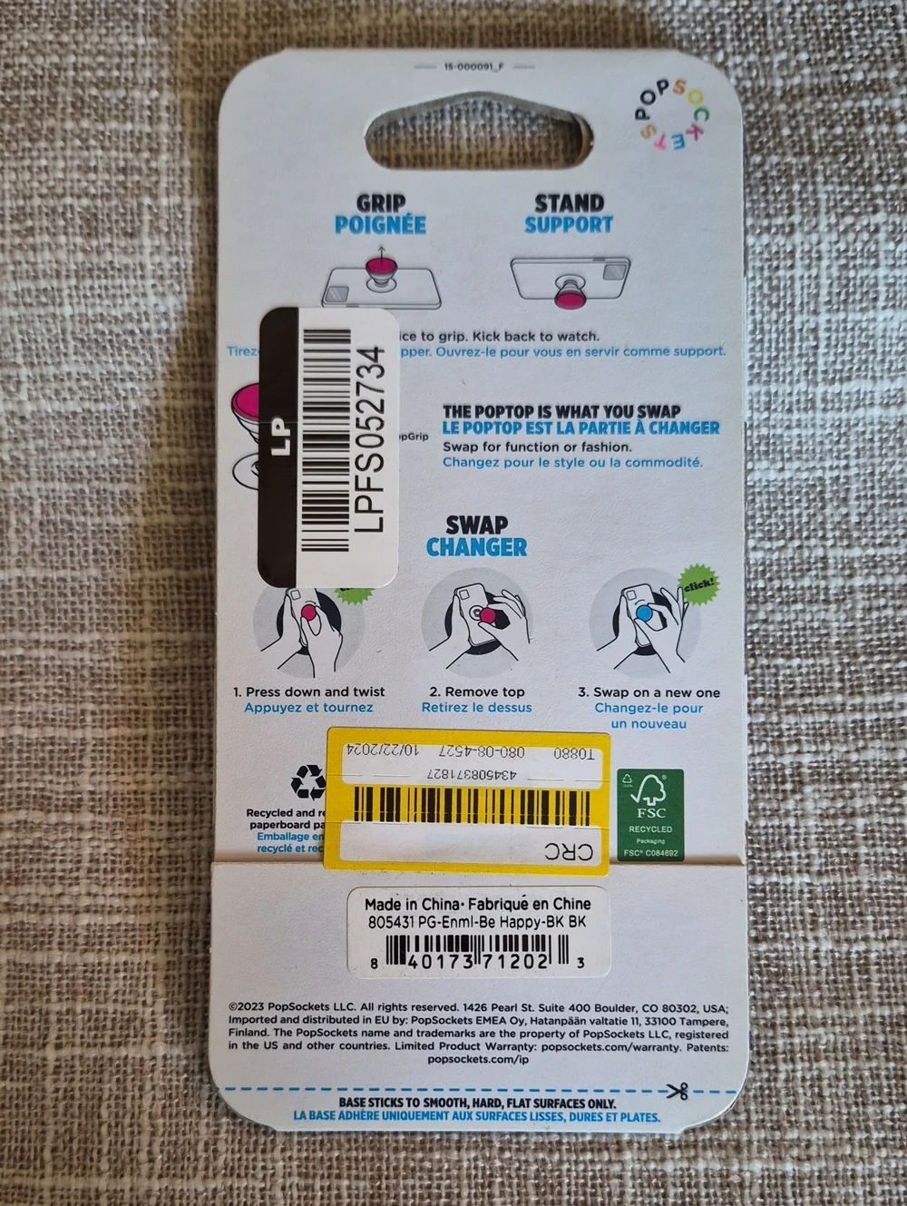 PopSockets PopGrip Premium Yellow & Black Smiley Phone Grip NWT